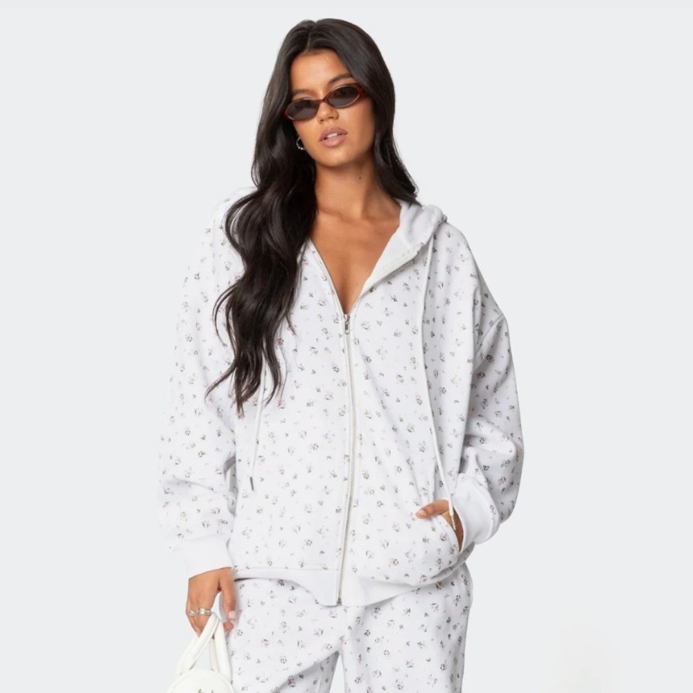 Edikted Bouquet Hoodie‎ Women XS White Floral Print Zip Up Coquette Sweatshirt